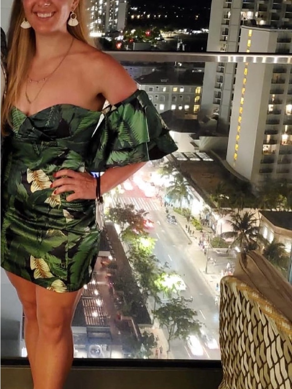 Tea n Cup Black & Green Tropical Leaf Ruffle Mini Dress